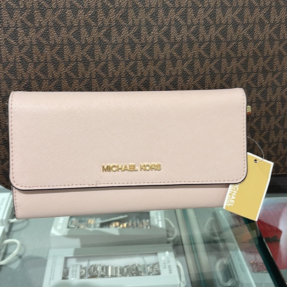 MICHAEL KORS JET SET TRAVEL LARGE TRIFOLD WALLET POWDER BLUSH COLOR - Picture 13 of 16
